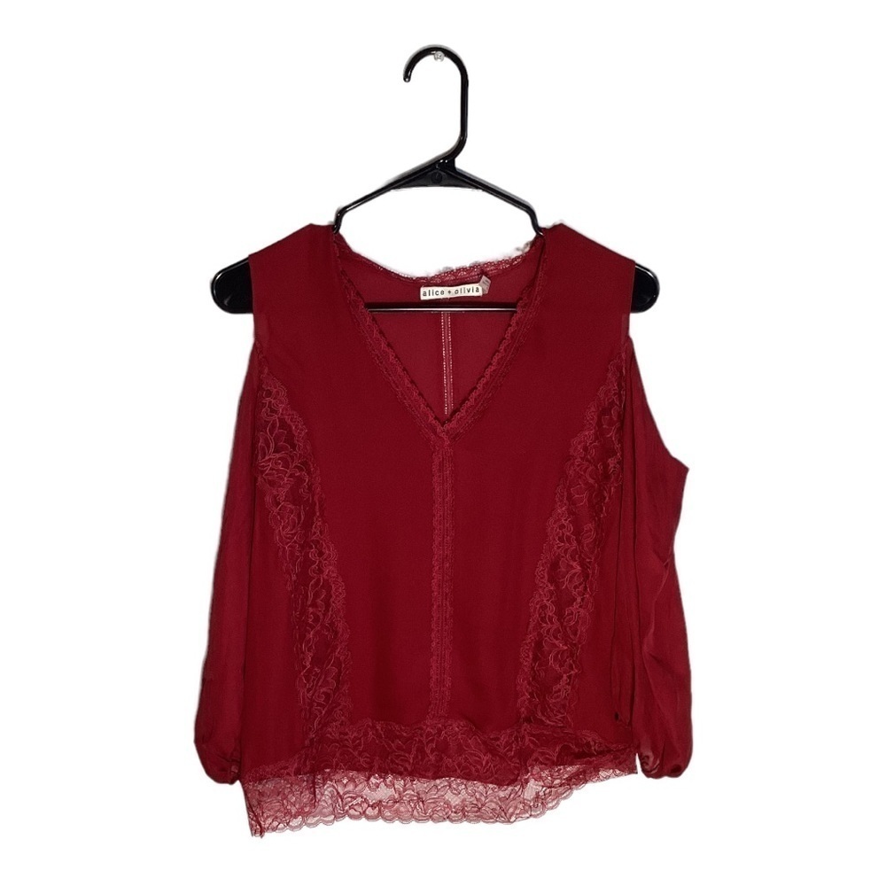 Alice+Olivia Farah Lace Inset Silk Cold Shoulder Top, size XS - Picture 2 of 7
